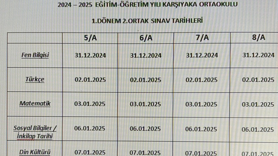 2024- 2025 Eğitim-Öğretim Yılı 1.Dönem 2.Yazılı Tarihleri